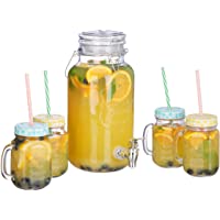 Relaxdays Dispensador de Bebida de 4 L- Cuatro Vasos- Grifo- Retro- Jarra de Zumo con pajitas- Transparente- 22.00 x 38…